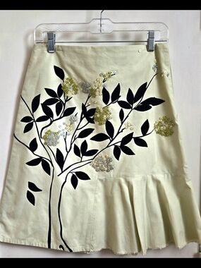 Odille Cream A-Line Skirt with Black Botanical Print and Button Accents